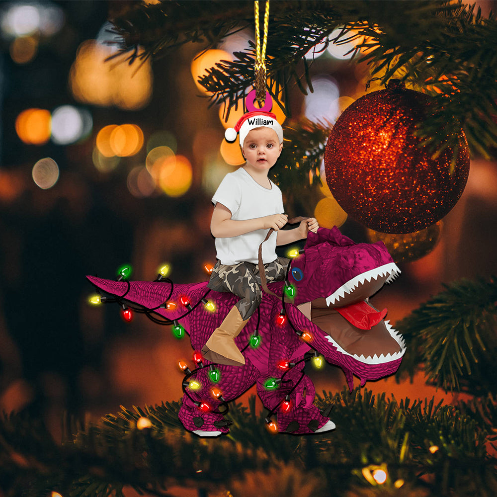 Kid Riding Dinosaur - Christmas Gift For Family, Custom Photo And Name - Personalized Acrylic Ornament