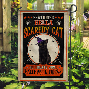 Scaredy Black Cat No Treats Just Tricks - Personalized Cat Photo And Name Flag - Gift For Pet Lovers, Halloween Gift