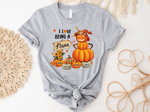 I Love Being Fall Grandma Pumpkin - Custom Name - Personalized T-Shirt - Halloween Family Gift