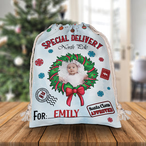 Merry Christmas Special Delivery North Pole For Kid - Custom Photo And Name, Personalized String Bag, Gift For Family, Christmas Gift