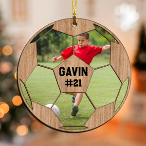 Custom Photo And Name In Ball - Personalized Custom Shaped Wooden Ornament - Gift For Soccer Lover