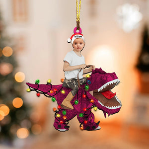 Kid Riding Dinosaur - Christmas Gift For Family, Custom Photo And Name - Personalized Acrylic Ornament