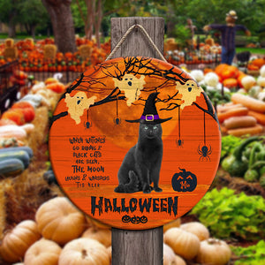 Personalized 'Witches & Black Cats' Halloween Wooden Door Sign, Custom Photo And Name - Halloween Gift