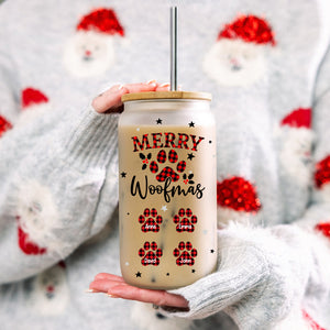 Merry Woofmas Caro Pattern - Custom Names - Personalized Glass Bottle, Frosted Bottle