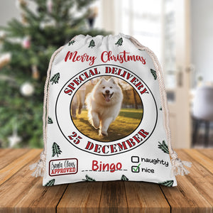 Merry Christmas Special Delivery 25 December - Custom Photo And Name, Personalized String Bag, Gift For Pet Lover, Christmas Gift