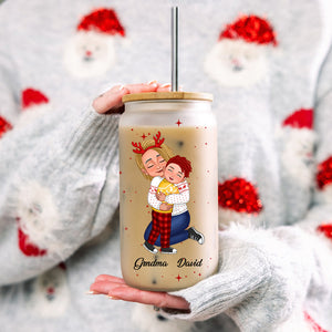 Grandma, Mom Hugging Grandkid, Kid - Custom Appearances And Names - Personalized Glass Bottle, Frosted Bottle, Christmas Gift For Family