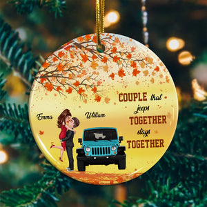 Couple That Jeeps Together Stays Together , Custom Appearances And Names- Personalized Ceramic Ornament - Gift For Couple