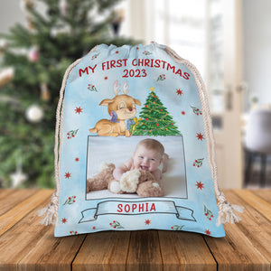 Baby First Christmas - Custom Photo And Name, Personalized String Bag, Gift For Family, Christmas Gift