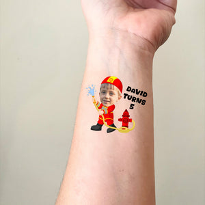 Fireman Kid, Custom Face Photo And Texts Temporary Tattoo, Personalized Tattoo, Fake Tattoo