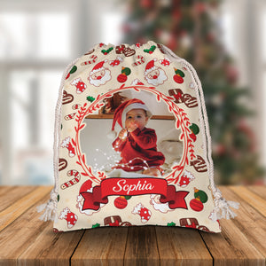 Santa Claus - Custom Photo And Name, Personalized String Bag, Christmas Gift, Gift For Family