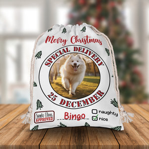 Merry Christmas Special Delivery 25 December - Custom Photo And Name, Personalized String Bag, Gift For Pet Lover, Christmas Gift