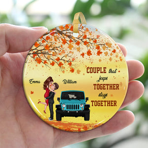 Couple That Jeeps Together Stays Together , Custom Appearances And Names- Personalized Ceramic Ornament - Gift For Couple