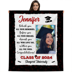 Behind You All Your Memories, Personalized Photo And Texts - Personalized Fleece Blanket, Graduation Gift
