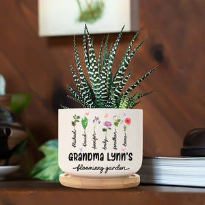 Birth Month Flower - Personalized Ceramic Plant Pot With Wooden Base - Home Decoration Gifts