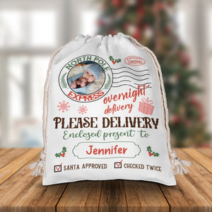 Overnight Deliver Special Gift - Custom Photo And Name, Personalized String Bag, Gift For Family, Christmas Gift