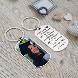 Behind You All Your Memories , Personalized Photo And Text Metal Keychain, Graduation Gift