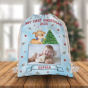 Baby First Christmas - Custom Photo And Name, Personalized String Bag, Gift For Family, Christmas Gift