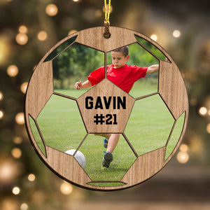 Custom Photo And Name In Ball - Personalized Custom Shaped Wooden Ornament - Gift For Soccer Lover