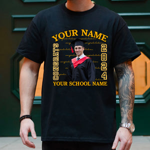 Congrats 2024 Yellow Line, Custom Photo And Texts - Gift For Graduation - Personalized T-Shirt