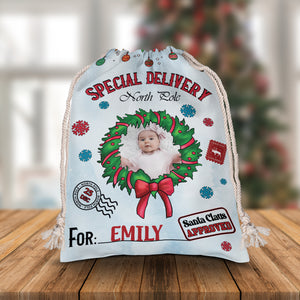 Merry Christmas Special Delivery North Pole For Kid - Custom Photo And Name, Personalized String Bag, Gift For Family, Christmas Gift