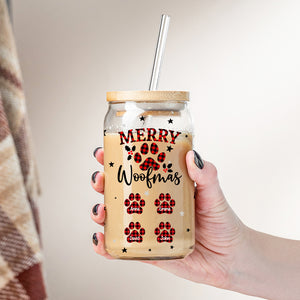 Merry Woofmas Caro Pattern - Custom Names - Personalized Glass Bottle, Frosted Bottle