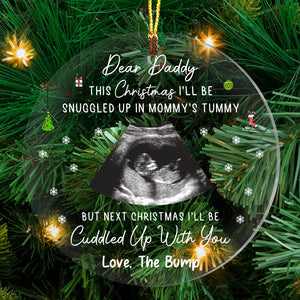 This Christmas I'll Be Snuggled Up In Mommy's Tummy But Next Christmas I Will Be Cuddle Up With You, Custom Photo And Title - Personalized Acrylic Ornament