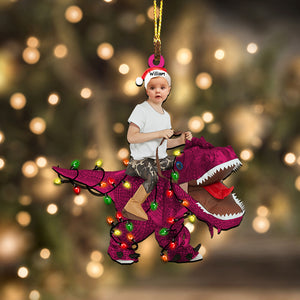 Kid Riding Dinosaur - Christmas Gift For Family, Custom Photo And Name - Personalized Acrylic Ornament