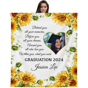 Behind You All Your Memories Within You, What You Need, Personalized Photo And Texts - Personalized Fleece Blanket, Graduation Gift