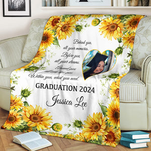 Behind You All Your Memories Within You, What You Need, Personalized Photo And Texts - Personalized Fleece Blanket, Graduation Gift