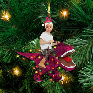 Kid Riding Dinosaur - Christmas Gift For Family, Custom Photo And Name - Personalized Acrylic Ornament