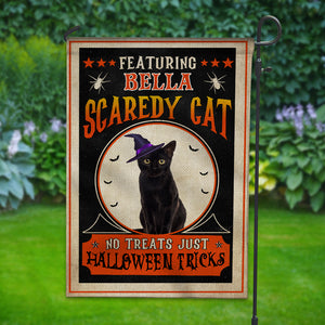 Scaredy Black Cat No Treats Just Tricks - Personalized Cat Photo And Name Flag - Gift For Pet Lovers, Halloween Gift