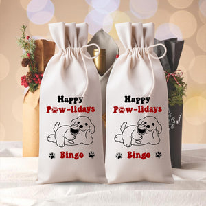 Happy Pawlidays - Custom Dog Name, Personalized String Wine Bag, Christmas Gift, Gift For Pet Lover