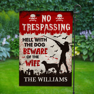 No Trespassing Hell With The Dog Beware - Personalized Family Name Flag - Halloween Gift