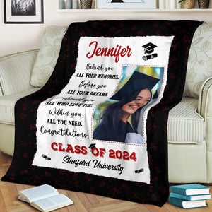 Behind You All Your Memories, Personalized Photo And Texts - Personalized Fleece Blanket, Graduation Gift