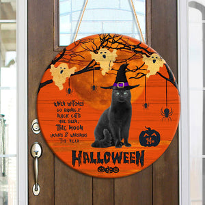 Personalized 'Witches & Black Cats' Halloween Wooden Door Sign, Custom Photo And Name - Halloween Gift