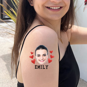 Red Hearts, Custom Face Photo And Texts Temporary Tattoo, Personalized Party Tattoo, Fake Tattoo