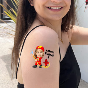 Fireman Kid, Custom Face Photo And Texts Temporary Tattoo, Personalized Tattoo, Fake Tattoo