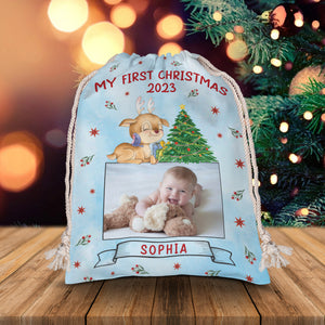 Baby First Christmas - Custom Photo And Name, Personalized String Bag, Gift For Family, Christmas Gift