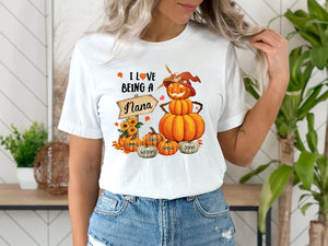 I Love Being Fall Grandma Pumpkin - Custom Name - Personalized T-Shirt - Halloween Family Gift