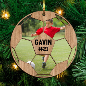 Custom Photo And Name In Ball - Personalized Custom Shaped Wooden Ornament - Gift For Soccer Lover