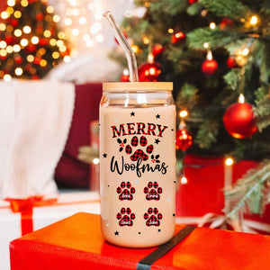 Merry Woofmas Caro Pattern - Custom Names - Personalized Glass Bottle, Frosted Bottle