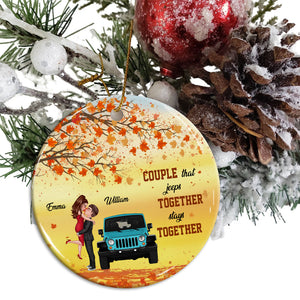 Couple That Jeeps Together Stays Together , Custom Appearances And Names- Personalized Ceramic Ornament - Gift For Couple