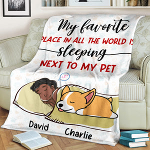 My Favorite Place In All The World Is Sleeping Next To My Pet - Custom Appearances, Dog And Names - Personalized Fleece Blanket - Gift For Dog Lover