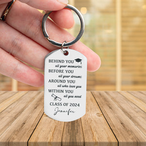 Behind You All Your Memories , Personalized Photo And Text Metal Keychain, Graduation Gift