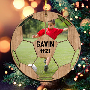 Custom Photo And Name In Ball - Personalized Custom Shaped Wooden Ornament - Gift For Soccer Lover