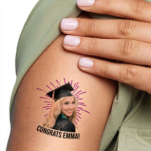 Congrats Graduation, Custom Color,  Your Photo And Name Temporary Tattoo, Personalized Photo And Name, Fake Tattoo, Graduation Gift