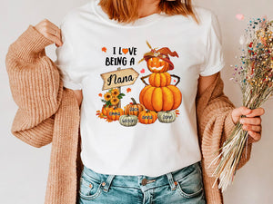 I Love Being Fall Grandma Pumpkin - Custom Name - Personalized T-Shirt - Halloween Family Gift