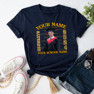 Congrats 2024 Yellow Line, Custom Photo And Texts - Gift For Graduation - Personalized T-Shirt