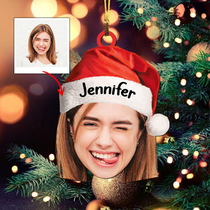 Christmas Hat - Christmas Gift For Family, Custom Photo And Name - Personalized Acrylic Ornament