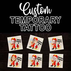 Fireman Kid, Custom Face Photo And Texts Temporary Tattoo, Personalized Tattoo, Fake Tattoo